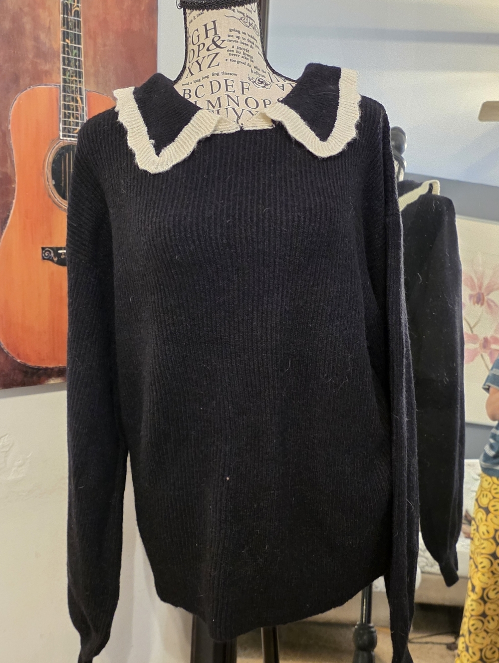 Black Women's Knit Sweater with Contrast Collar